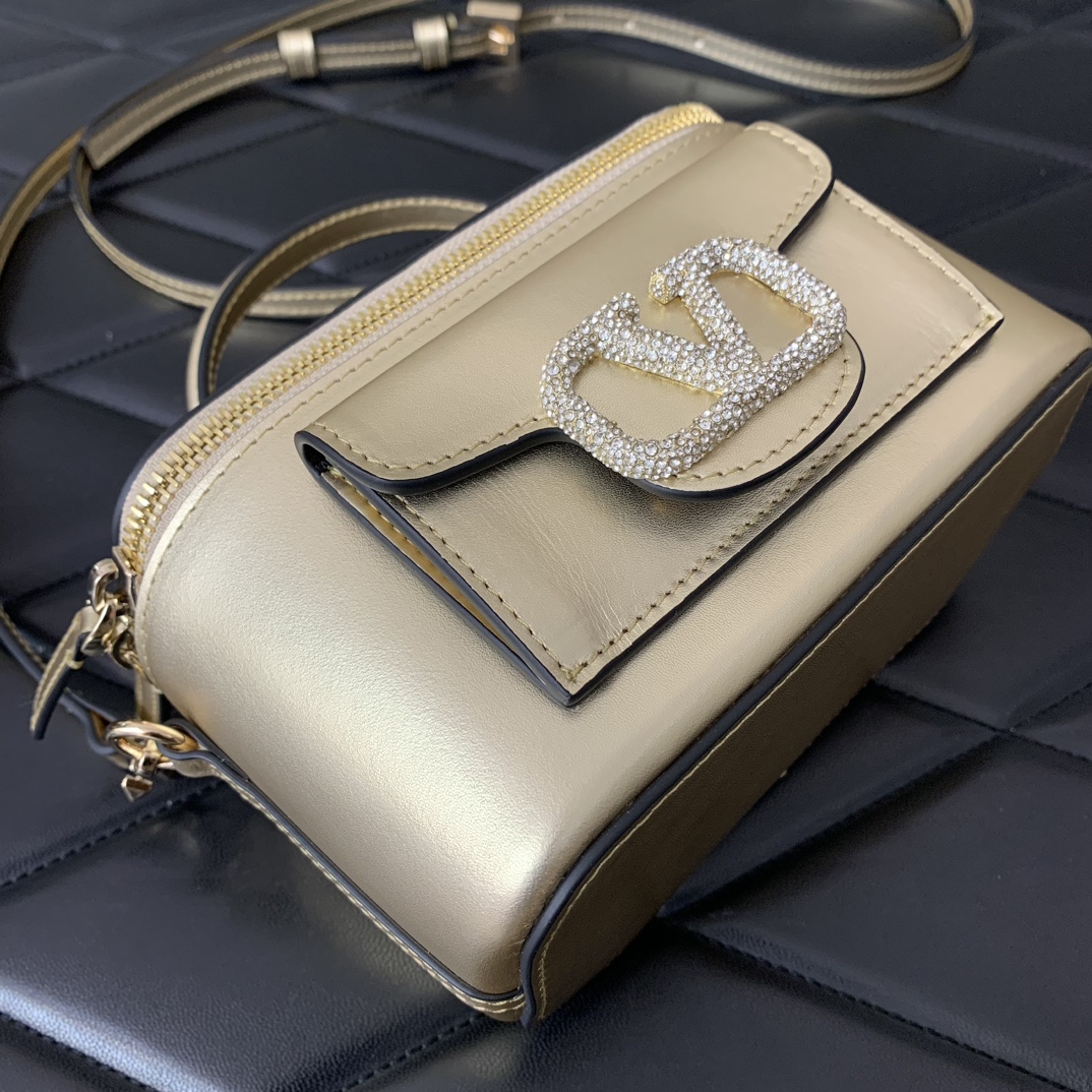 Valentino Garavani Loco Mini Box Bag in Gold Calfskin Leather 